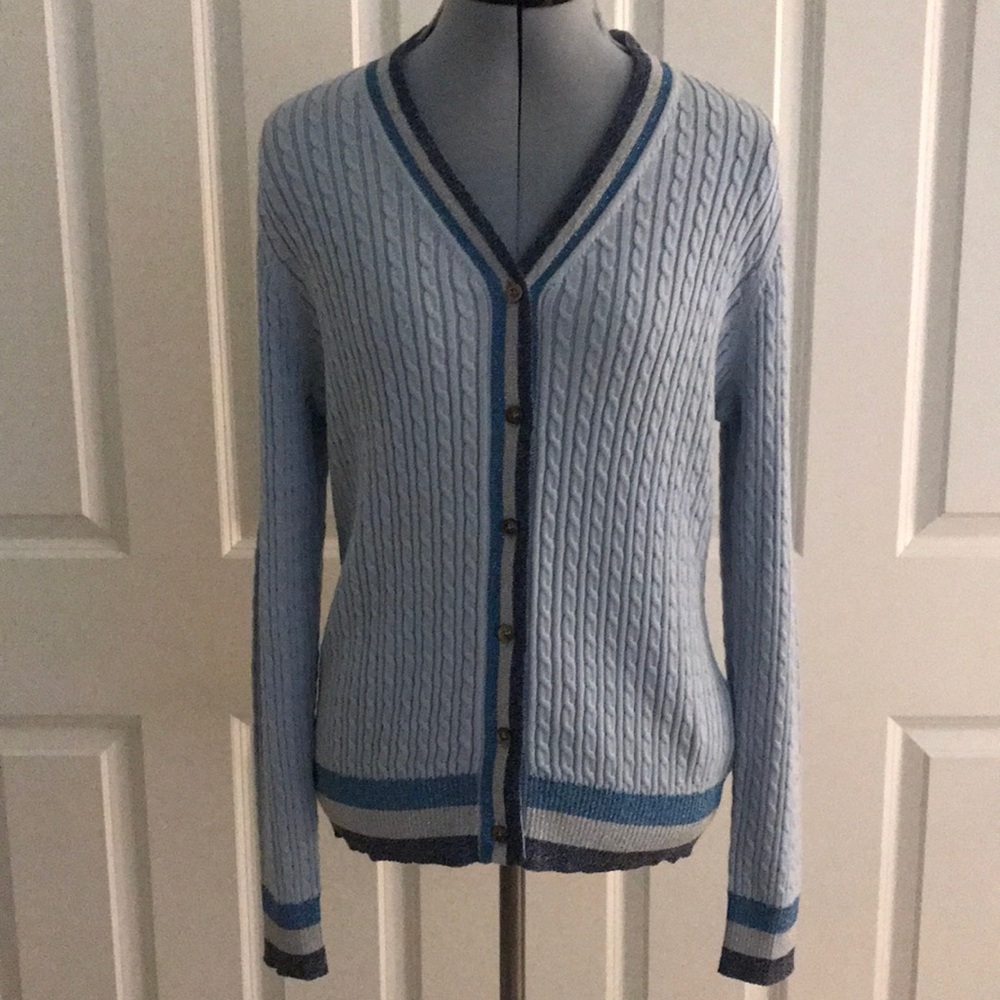 Brooks Brothers Blue Cable Knit V-Neck Cardigan Sweater Metallic Stripe Trim L